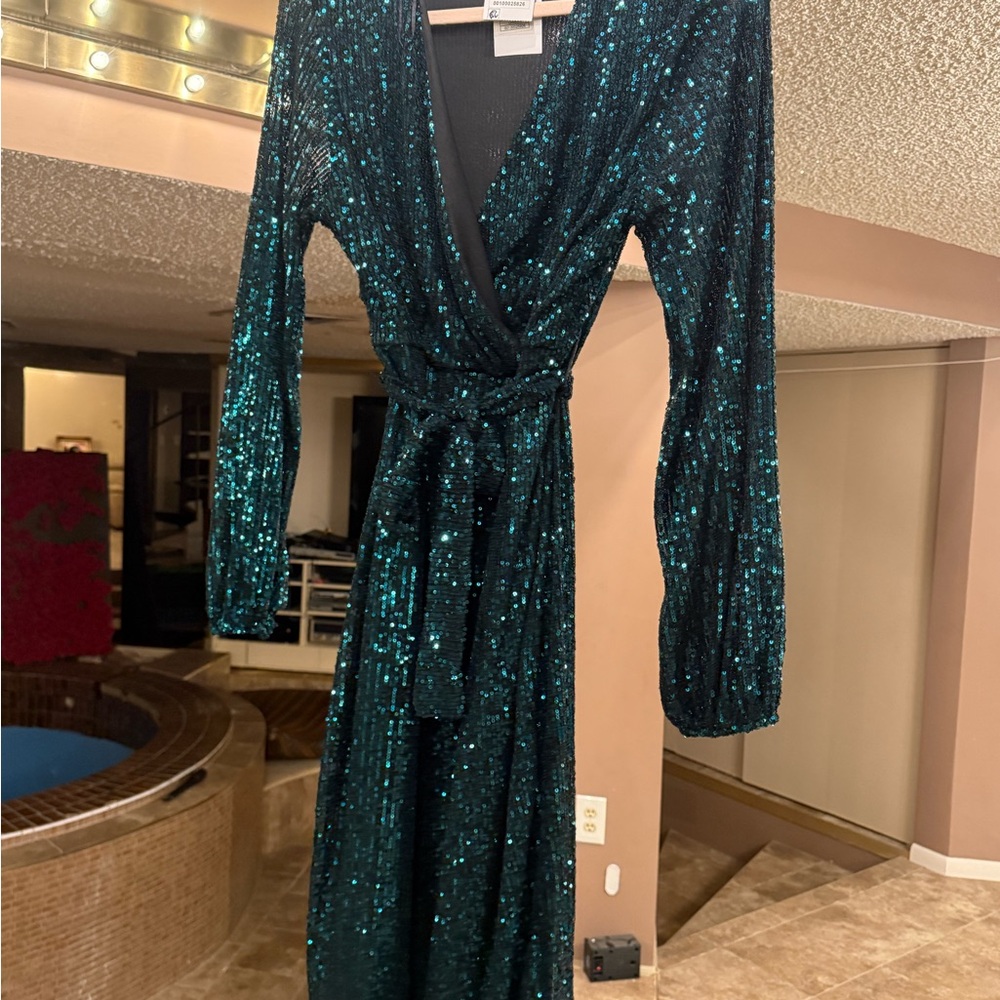Elegant Teal Sequin Wrap Dress